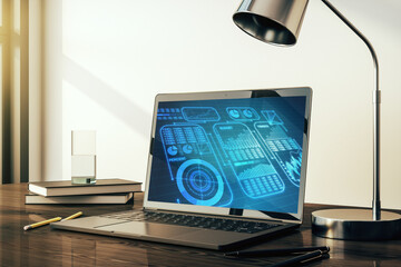 Poster - Modern computer display with abstract graphic data spreadsheet sketch, analytics and analysis concept. 3D Rendering