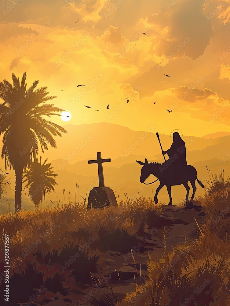 Palm Sunday concept: Silhouette Jesus Christ riding donkey with tomb ...