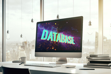Aufkleber - Modern computer screen with Database word sign, global research and analytics concept. 3D Rendering