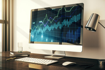 Poster - Modern computer screen with abstract creative financial chart, research and analytics concept. 3D Rendering