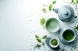 Matcha tea powder. Organic green matcha tea ceremony. Set of matcha powder bowl wooden spoon and whisk green tea leaf Organic Green Matcha Tea ceremony.