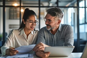 Two diverse business team people talking and working in office on corporate project at meeting. Young Asian employee and mid aged Latin executive looking at tablet company technology, Generative AI