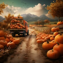 Delivery Truck Loaded With Pumpkins All Around Pumpkins Waiting For Transport, Field, Mountains In The Background. Pumpkin As A Dish Of Thanksgiving For The Harvest.