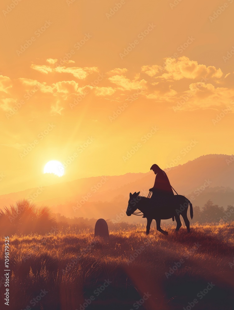 Palm Sunday concept: Silhouette Jesus Christ riding donkey with tomb ...