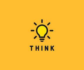 Wall Mural - Lamp icon on yellow background, think text. Creative minimalistic wallpaper. Poster for business and education. Flat vector illustration.