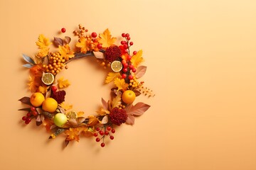 Wall Mural - Flower crown, round frame with autumn flowers, harvest, leaves and rowan fruit, banner with space for your own content. Orange background.