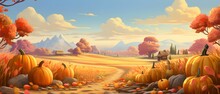 Fairy Tale Illustration; Pumpkins Flowers Fields With Mountains In Background. Banner. Pumpkin As A Dish Of Thanksgiving For The Harvest.