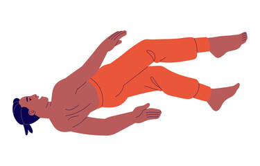 Poster - Person fly in dream. Young man floating in imagination, boy falling in weightlessness, back view. People in zero gravity. Free flight in air. Flat isolated vector illustration on white background