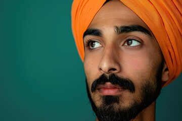 Wall Mural - Studio shot of a young Indian man with a turban, isolated on a deep green background.