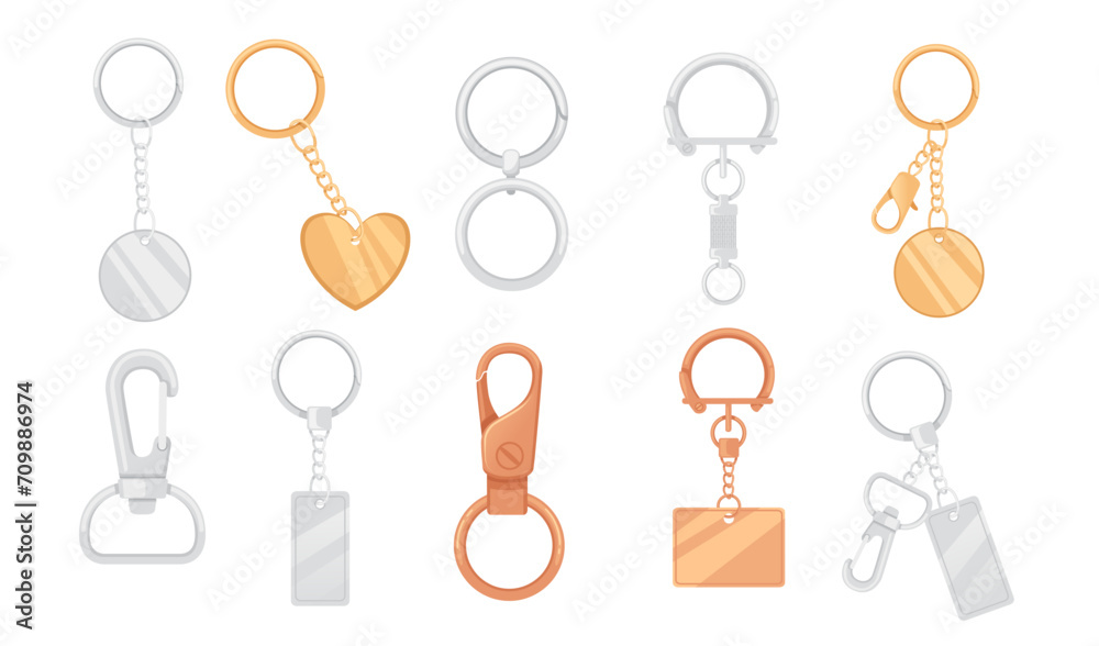 Set of metal keychain with ring and chain vector illustration isolated ...