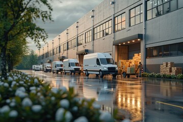 Outside the warehouse Distributed logistics: Diverse teams use trucks to deliver packages that arrive in cardboard boxes. e-commerce online ordering