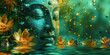 buddha face with crystal flowers, nature green background, water reflection