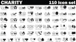 charity and donation Black and White icon set. Set of 110 Volunteering and charity web icons in line & fill style. High quality business icon set of Charity