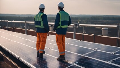 View on the rooftop solar power plant with back view of two engineers walking