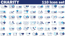 Charity And Donation Colorful Icon Set. Set Of 110 Volunteering And Charity Web Icons In Line & Fill Style. High Quality Business Icon Set Of Charity