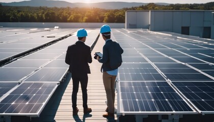 view on the rooftop solar power plant with back view of two engineers walking