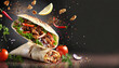 fresh grilled beef turkish or chicken arabic shawarma doner sandwich with flying ingredients and spices hot ready to serve and eat food commercial advertisement menu banner with copy space