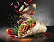 fresh grilled beef turkish or chicken arabic shawarma doner sandwich with flying ingredients and spices hot ready to serve and eat food commercial advertisement menu banner with copy space