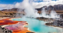 A Serene Scene Featuring Volcanic Hot Springs Amidst A Rugged Landscape, With Geothermal Pools Of Steaming Water Surrounded By Mineral-rich Rocks And Colorful Microbial Mats - Generative AI