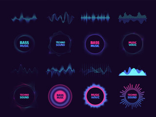 Poster - Round waveform. Circular vibration music tune, pulse beat and frequency spectrum, music studio background. Vector isolated set of vibration music waveform illustration