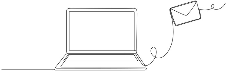 Poster - Laptop with envelope continuous line drawing. Send message concept. Vector illustration isolated on white.