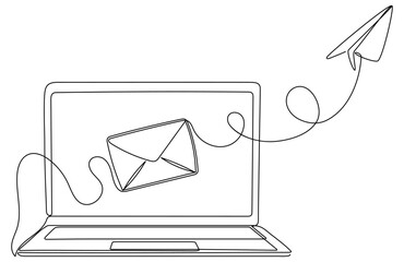 Poster - Laptop with envelope and paper plane continuous line drawing. Send message concept. Vector illustration isolated on white.