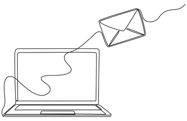 Poster - Laptop with envelope continuous line drawing. Send message concept. Vector illustration isolated on white.