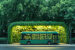 Fotografía de un autobús ecológico en una parada rodeado de áreas verdes, energía sostenible