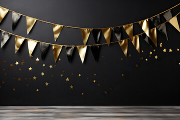 Golden garland on a black wall. Festive decoration. Generated by artificial intelligence
