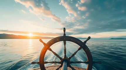 ship wheel on boat with sea and sky. freedom and adventure. direction concept