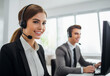 © kite_rin - Young people wearing headsets. Customer service assistant talking on phone. Video conferencing, web chat, support service, technology, business, call center consultant concept