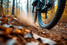 The Rear Tire Of A Mountain Bike Kicks Up Dirt Along A Trail In The Woods