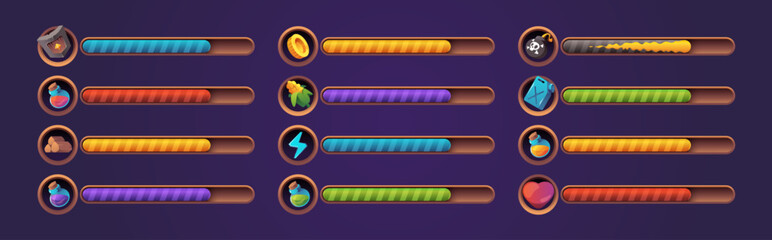 Poster - Game health bar. UI asset for video game, energy indicator for mobile web and desktop, potion and heals indicator, wealth and energy bar. Vector colorful set of game bar interface design illustration