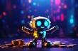 A superhero cute robot with coins in copy space background. Save money and become a hero concept. Happy mode. Financial stability. Grow your income. Motivation poster for social media