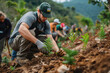 Fotografía de voluntarios plantando árboles en zonas deforestadas para luchar contra la deforestación, la tala masiva y el cambio climático