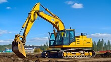 Yellow Backhoe With Hydraulic Piston Arm Against Blue Sky. Heavy Machine For Excavation In Construction Site. Hydraulic Machinery. Huge Bulldozer. Heavy Machine Industry. Mechanical Engineering.
