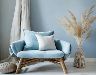  Nordic coastal living room. Soft blues, natural materials