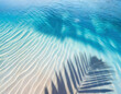 palm leaf shadow on abstract transparent blue water wave from above, empty sunny beach background concept for travel, vacation and beauty care with copy space