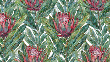 Wall Mural - Tropical exotic seamless pattern with protea flowers in tropical leaves. Hand-drawn vintage illustration. Good for design wallpapers, fabric printing