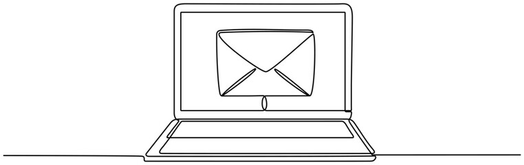 Poster - Laptop with envelope continuous line drawing. Send message concept. Vector illustration isolated on white.
