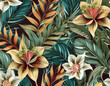 Tropical seamless pattern with exotic flowers and leaves. Dark floral background. Vintage style. Hand drawn 3d illustration. Luxury design for wallpapers, fabric, mural