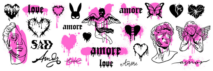 Y2k love tattoo sticker set, heart gothic icon, vector 90s vintage glam Valentine Day, angel. Greek sculpture head, 2000s trendy emo butterfly, pink graffiti lettering, urban print. Y2k love aesthetic