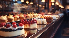 Radiant bokeh background with gourmet desserts and specialty coffee drinks in an elegant patisserie