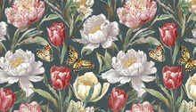 Vintage Floral Pattern With Peonies, Tulips, Buds, Flowers, Butterflies. Botanical Seamless Wallpaper. Hand Drawn Realistic Design For Fabric, Paper, Packaging, Postcards