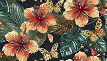 Vintage Floral Print With Hibiscus And Butterflies. Dark Tropical Background. Premium Wallpaper. Hand Drawn, 3d Illustration. Luxury Pattern For Postcard, Packaging, Clothing