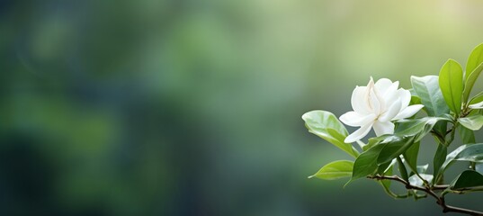 White gardenia flower with magical bokeh background and two thirds copy space for text placement