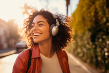 Cool Woman Listening To Music Whit Headphones In The Street