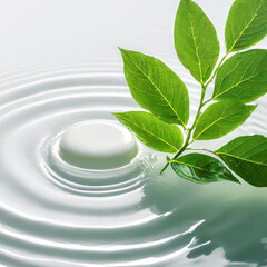 Wall Mural - Water ripple with green leaves. Trendy white background for cosmetic product presentation. Artistic concept. Copy space