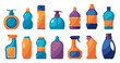Cartoon household chemicals. Cleaning products container with liquid, spray and powder, home care chemical and sanitation concept. Vector illustration of chemical bottle for household