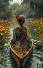 Wall Mural - Woman in a canoe amidst orange flowers on a tranquil river, conveying peace and solitude.